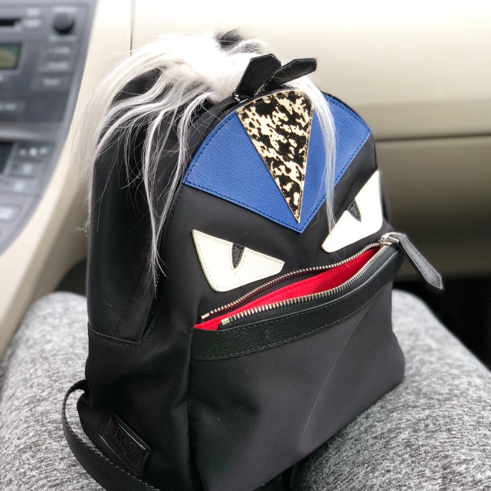 Fendi Monster Nylon Backpack with Fur Crest (Blue)